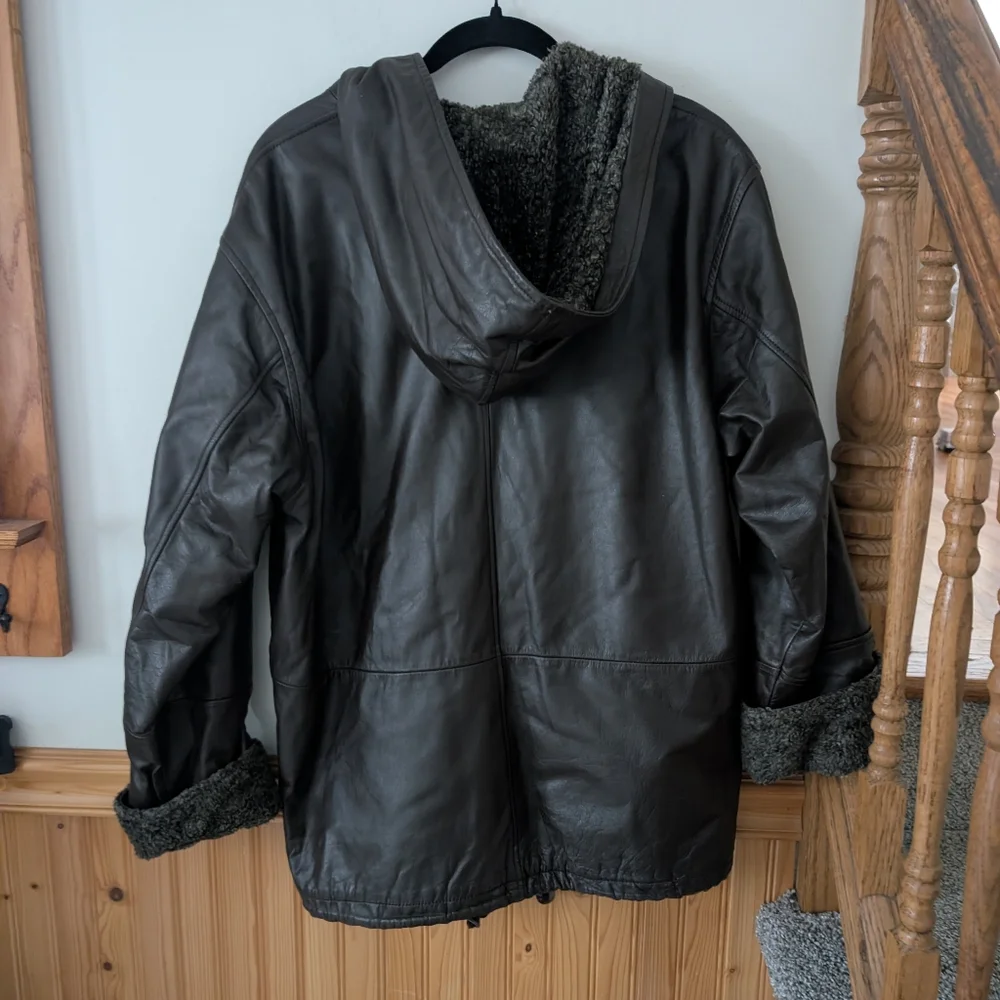 Vintage 90s Brandon‎ Thomas Brown Leather Hooded Zip Up Lined Jacket Coat Size M